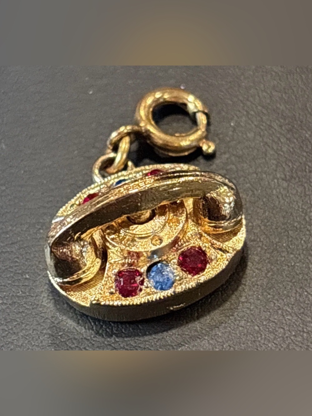 Vintage Gold Tone Rhinestone Rotary Phone 3D Bracelet Charm Brushed Metal 1960s